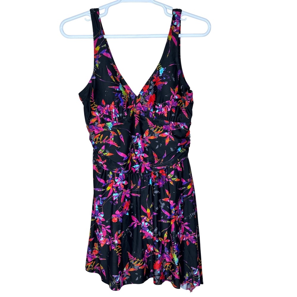 Women's Plus Size‎ One Piece Swimskirt Black Neon Multi Color Floral Size 2XL